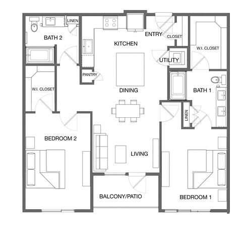 Floor plan for 2 beds, 2 baths, 1143 sqft